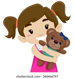 Vector Illustration of a Little Girl Hugging her Teddy Bear