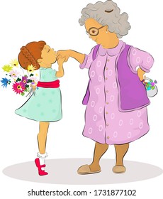 Vector illustration of a little girl kissing her senior grandmother's hand in Feast of Ramadan celebration. Girl is hiding a bunch of flowers, elder lady is hiding festive candies behind their backs.