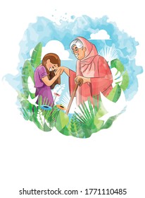 A vector illustration of little girl kissing her grandmother's hand