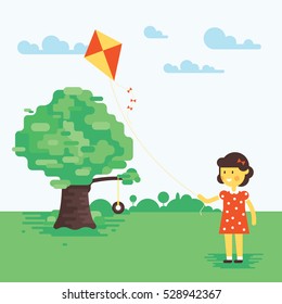 Vector illustration of little girl with kite near the big tree with hand made tire swing. Flat design. Sweet cartoon. Very easy to recolor or edit illustration. Good for children arts. 