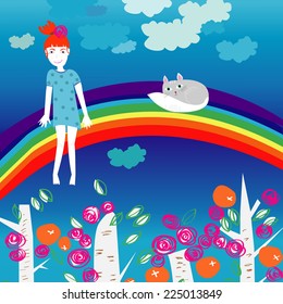 Vector illustration - little girl and kitten on a rainbow.