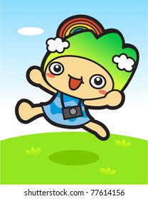 Vector illustration of a little girl, laughing and jumping with joy, in a green, grassy field in front of a blue sky.