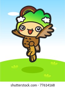 Vector illustration of a little girl, laughing and jumping with joy, in a green, grassy field in front of a blue sky.