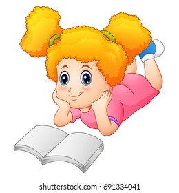 Vector illustration of Little girl laying on floor reading a book