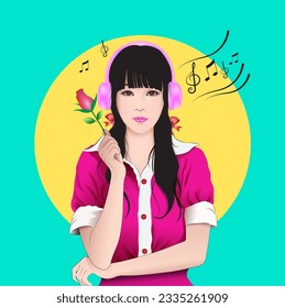 Vector illustration of little girl listening to music happily.