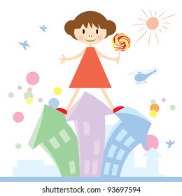 Vector illustration of little girl with lollipop in cartoon toy town