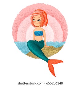 Vector illustration of little girl mermaid with grainy texture on isolated white background. Can be used for poster, print, card, logo, banner design.