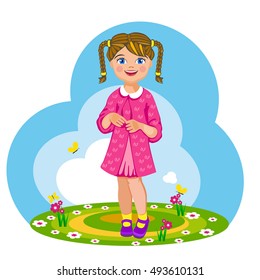 Vector Illustration. Little girl on the lawn.
