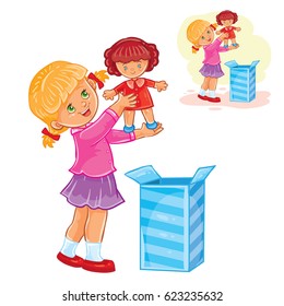 Vector illustration little girl opened a gift and took out a doll from the box