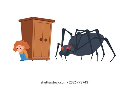 Vector illustration of little girl with orange curly hair hid behind a closet from a huge black spider with red eyes. Cartoon hand drawn design style for children fears, phobia and nightmare concept