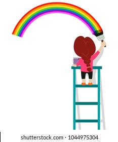 Vector Illustration of Little Girl Painting a rainbow on the wall