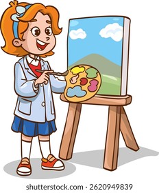 Vector Illustration of a Little Girl Painting on an Easel. cute schoolgirl working with oil paints in the workshop in art class
