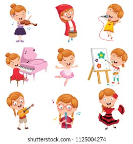 Vector Illustration Of Little Girl Performing Art