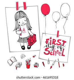 Vector illustration.  The little girl and the phrase "First day of school".  