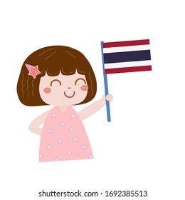 Vector illustration of a little girl in pink dress holding the Flag of Thailand in her hand. A happy women cheer up for Thai people isolated on white background.