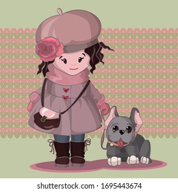 Vector illustration, a little girl in a pink coat, in a beret with a flower, holding a gray dog bulldog on a leash, a light green background with a knitted pattern