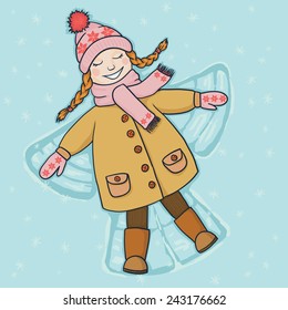 Vector illustration. Little girl with plaits playing in the snow and making an angel. 