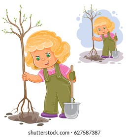 Vector illustration of a little girl planting a tree, the concept of protecting the environment. Print