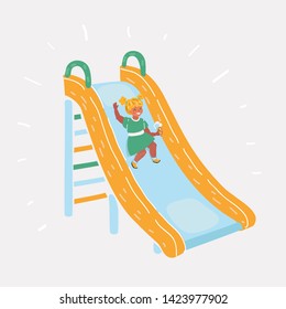 Vector illustration of Little girl play a slider at white isolated background.