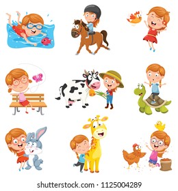 Vector Illustration Of Little Girl Playing With Animals