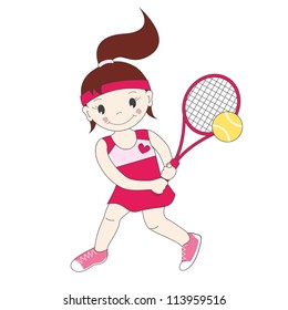 Vector illustration of little girl playing tennis