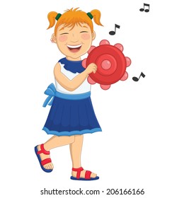Vector Illustration Of A Little Girl Playing Tambourine