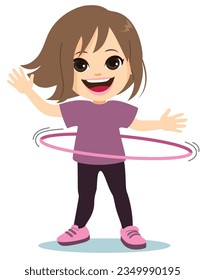 Vector illustration of little girl playing hula hoop. Kid doing fitness exercises isolated on white background