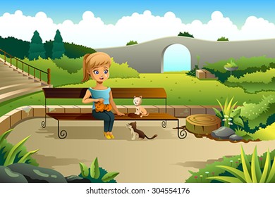 A vector illustration of little girl playing with cats in a park