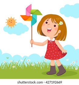 Vector illustration of little girl playing with a colorful windmill toy