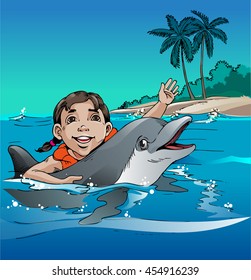 Vector illustration little girl was playing with a dolphin happily, on the edge of the ocean and beautiful beaches.