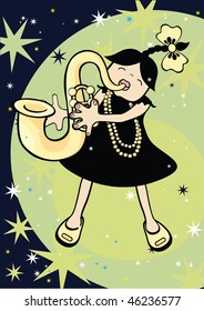 vector illustration with a little girl playing saxophone on stage under the light and stars