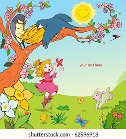 vector illustration, little girl playing in the garden, card concept