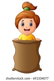 Vector illustration of Little girl playing jumping sack race