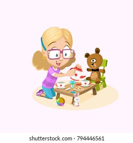 Vector illustration of little girl playing tea party with her teddy bear