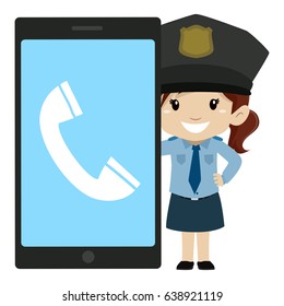 Vector Illustration of Little Girl Police beside a Big Screen Mobile Phone