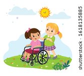 Vector illustration of a little girl pushing her friend in a wheelchair.