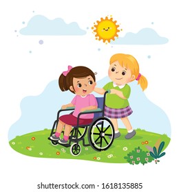 Vector illustration of a little girl pushing her friend in a wheelchair.