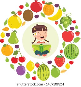 Vector Illustration Of Little Girl Reading Book About Fruits