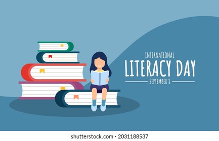 Vector illustration, little girl reading a book against a stack of books as a banner, poster or template, International Literacy Day.