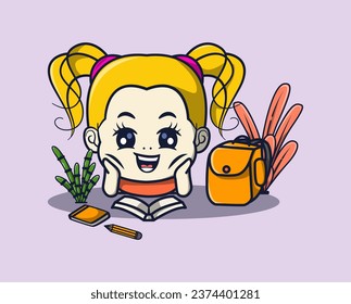 vector illustration of little girl reading a book happily. surrounding plants. back to school concept