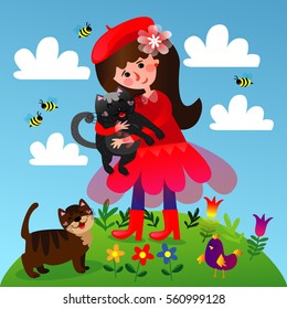 Vector illustration - Little girl in red dress, and her friends, two cats in park