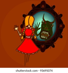 Vector illustration, little girl reflecting monster, card concept.