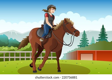 A vector illustration of little girl riding a horse