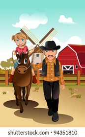 A vector illustration of a little girl riding a horse with her grandfather