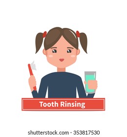 Vector illustration. Little girl rinsing her tooth. Child brushing teeth.