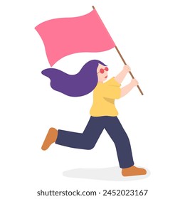 Vector illustration of little girl running with flag