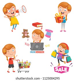 Vector Illustration Of Little Girl Shopping