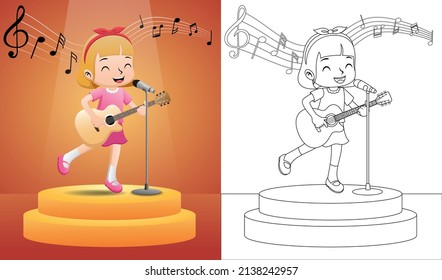 Ilustración vectorial de una niña cantando mientras tocaba guitarra en el escenario