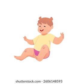 Vector illustration of little girl sitting and laughing with her arms outstretched. Infancy, development and leisure concept. Happy baby. Flat style. Isolated background. Cartoon.