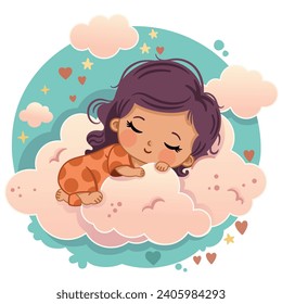 Vector illustration of a little girl sleeping on the clouds.
